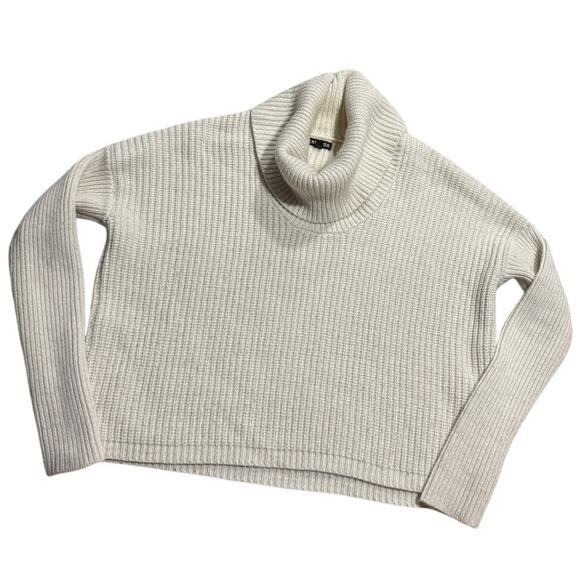 Express Cowl Neck Sweater Cropped Wool Ribbed Drop Shoulder Womens Medium Ivory - Picture 1 of 8